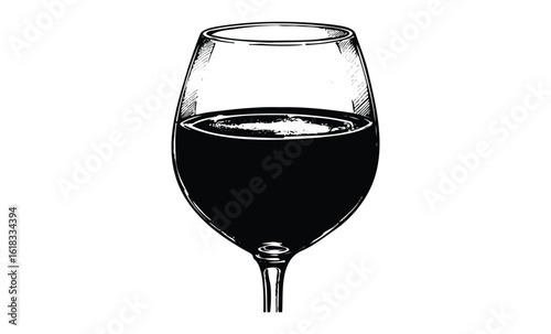 Illustration of a wine glass with red wine. Vector retro hand drawn illustration