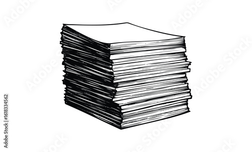 Monochrome stack of paper sheets illustration. Vector retro hand drawn illustration