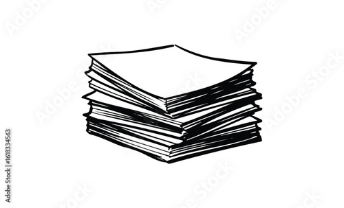 Stack of paper sheets illustration in black and white hand-drawn style. Vector retro hand drawn illustration