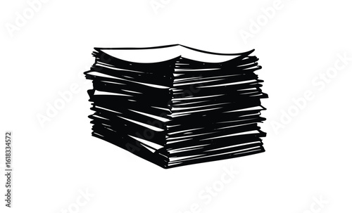 Pile of black and white documents stacked in ink drawing. Vector retro hand drawn illustration