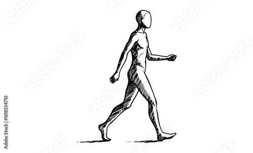 Sketch of human figure walking forward in dynamic pose on white background. Vector retro hand drawn illustration