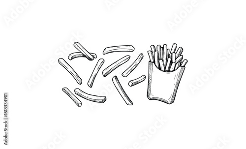 Hand-drawn french fries sketch with pack and loose fries on white background. Vector retro hand drawn illustration