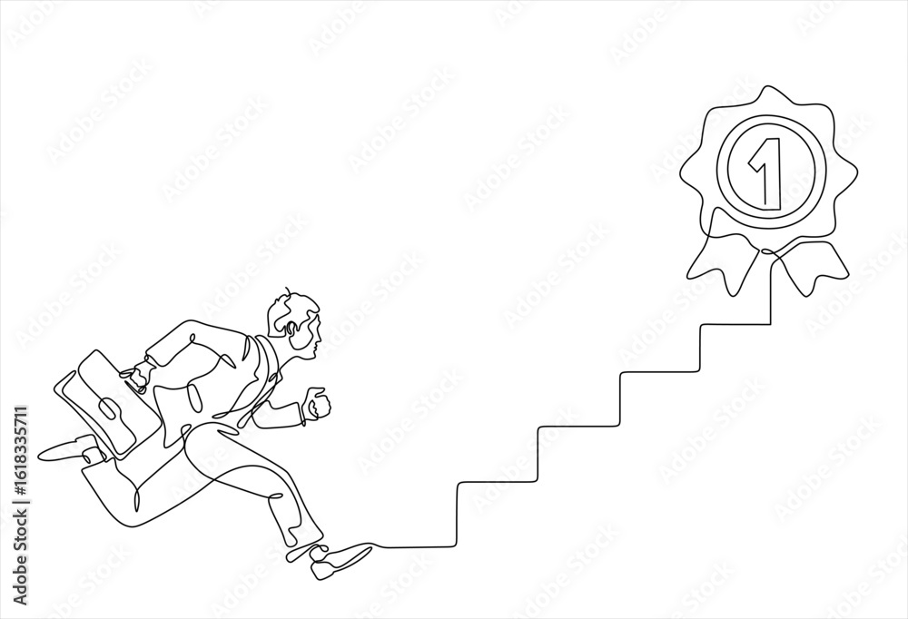 Fototapeta premium Single one line drawing businessman jumping to success. Step to successful. Achieve trophy. Man run and go to their goal on stairs, way to achieve goal. Hand drawn one line vector. Editable stroke