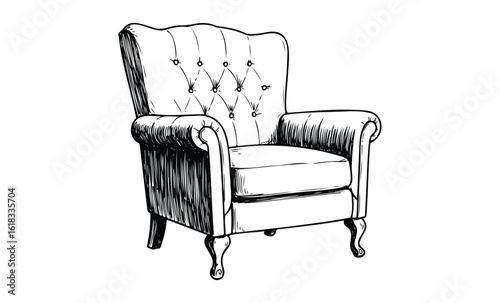 Vintage armchair sketch: classic button-back design with elegant details. Vector retro hand drawn illustration