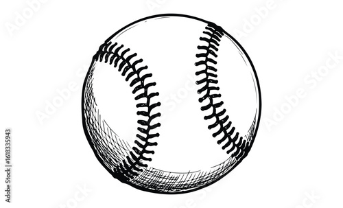 Hand-drawn black and white baseball with detailed stitching patterns. Vector retro hand drawn illustration