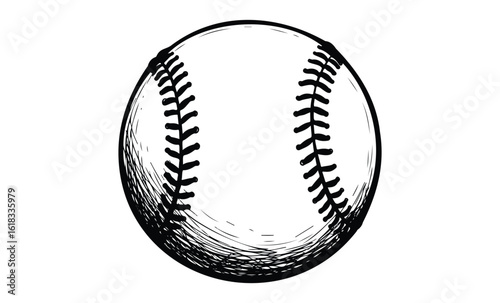 Black and white baseball with detailed stitching illustration on white background. Vector retro hand drawn illustration