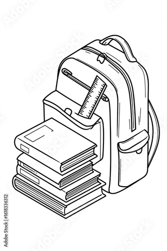 Backpack illustration with books and ruler, showcasing educational supplies and study essentials