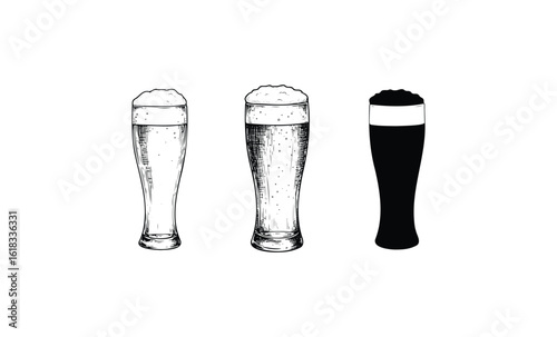 Triple beer glasses: pilsner, lager, stout silhouette illustration with foam. Vector retro hand drawn illustration