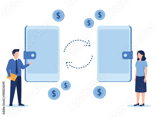 A man and woman transfer funds between two large digital wallets with floating dollar coins.
