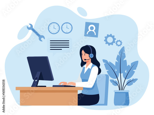 A female customer service representative with a headset provides online support from her office desk, surrounded by icons representing tools, time, and user accounts.