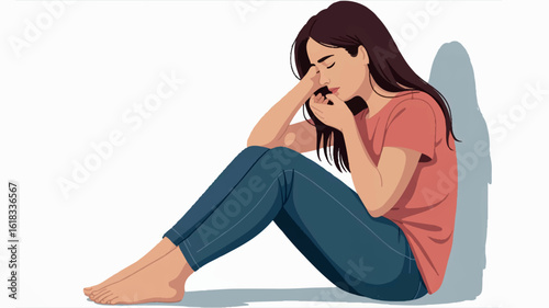 Young woman sitting on ground in distressed pose digital illustration