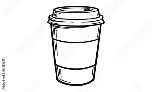 Black and white sketch of a disposable coffee cup with lid. Vector retro hand drawn illustration