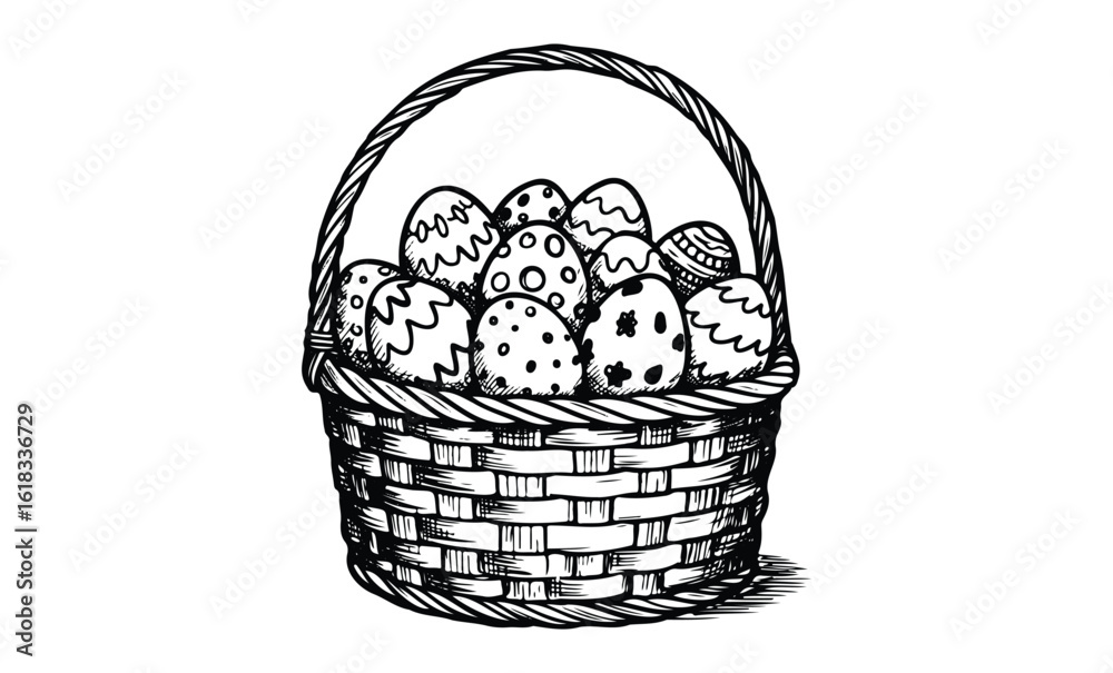 Fototapeta premium Black and white easter basket with decorated eggs drawing. Vector retro hand drawn illustration