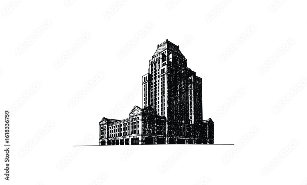 Naklejka premium Vintage monochrome architectural drawing of urban high-rise building. Vector retro hand drawn illustration