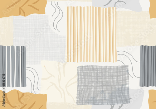 Seamless pattern with minimal fabric-inspired textures including linen folds, cotton pleats, and burlap weaves in beige and ivory on light background, elegant vector for fashion and textile design (2)