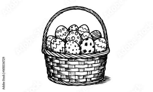 Black and white easter basket with decorated eggs drawing. Vector retro hand drawn illustration