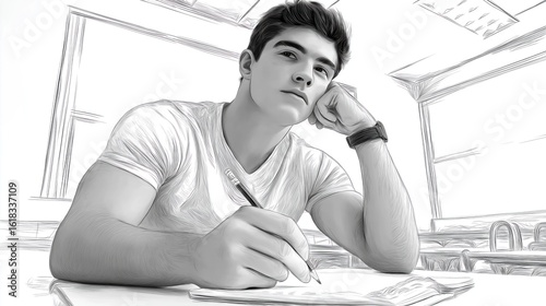 Black and white illustration of student in classroom sketching ideas with pencil on paper
