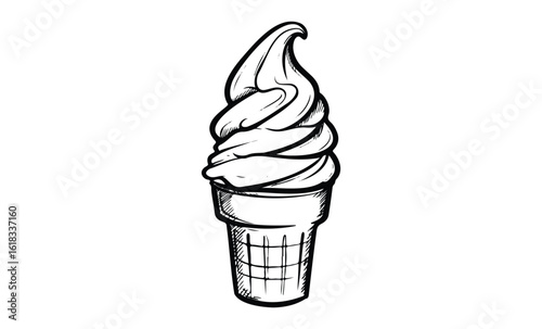 Classic black and white ice cream cone sketch. Vector retro hand drawn illustration
