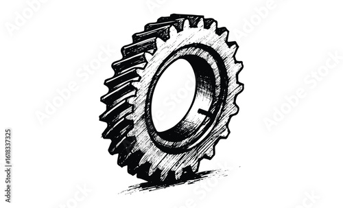 Detailed black and white sketch of a mechanical gear on white background. Vector retro hand drawn illustration
