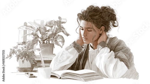 Illustration of young woman studying with books and plants in a cozy, serene educational environment