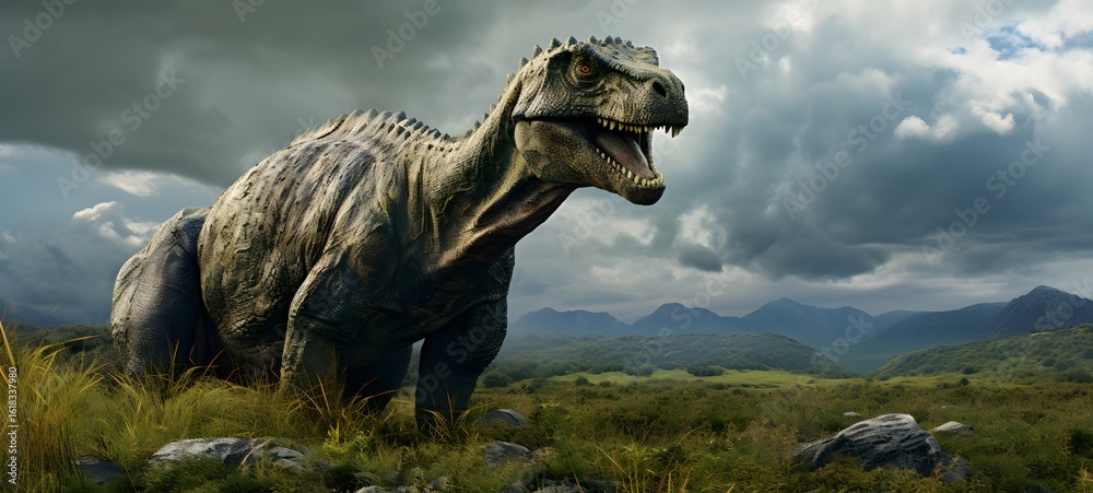 Fototapeta premium A haunted gothic Iguanodon perched on a wind-swept hill art, generative ai