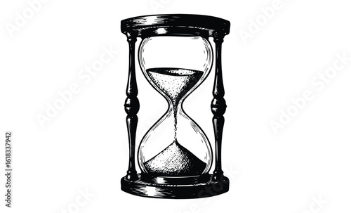 Vintage hourglass with flowing sand on white background. Vector retro hand drawn illustration