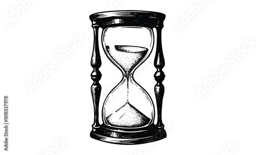 Intricate black and white hourglass illustration depicting time flow. Vector retro hand drawn illustration