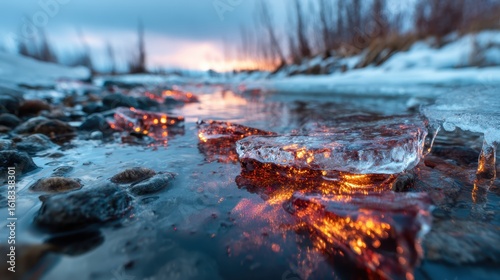 A tranquil scene of glowing ice fragments resting on a calm water surface, capturing the serene beauty of nature mixed with vibrant reflections in the landscape.