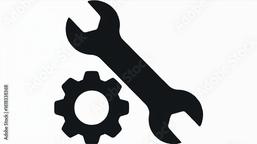 Minimalist black and white icon featuring a wrench and gear symbol for repair and mechanics