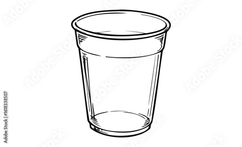 Simple black and white line drawing of an empty plastic cup. Vector retro hand drawn illustration