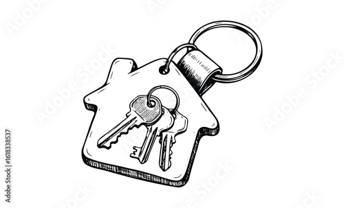 House-shaped key ring with two keys on white background. Vector retro hand drawn illustration