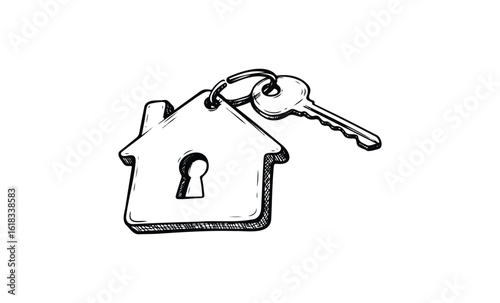 Hand-drawn house key and keychain with keyhole outline on white background. Vector retro hand drawn illustration