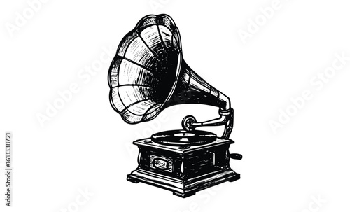 Vintage hand-drawn gramophone with horn speaker and turntable. Vector retro hand drawn illustration