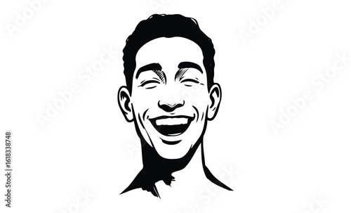 Smiling african male teen drawing with joyful expression on white background. Vector retro hand drawn illustration