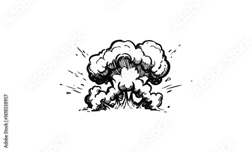 Black and white explosion illustration with dramatic cloud eruption. Vector retro hand drawn illustration