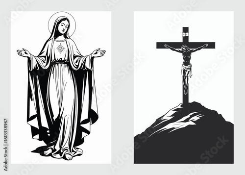 Religious Virgin Mary figure drawn with open hands in sacred line art style