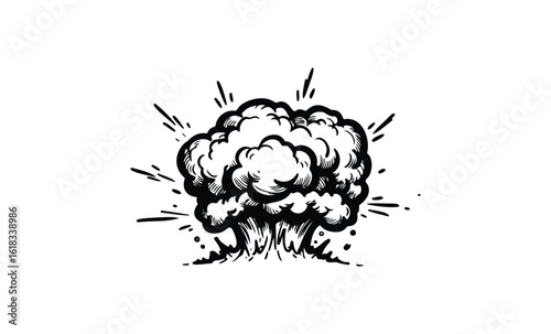 Monochrome explosion artwork capturing abstract cloud burst with dynamic energy. Vector retro hand drawn illustration