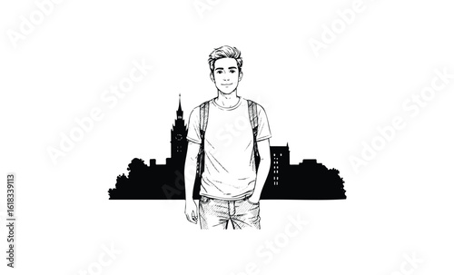 Young caucasian male teenager in casual outfit with city skyline background. Vector retro hand drawn illustration