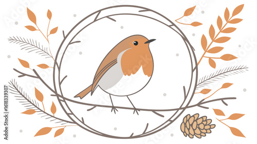 Charming robin perched on a branch with autumn leaves and pinecone