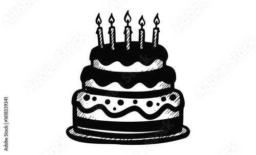 Black and white sketch of a birthday cake with six candles. Vector retro hand drawn illustration