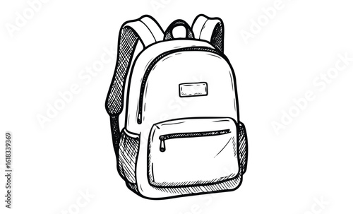 Sketch of classic backpack with front compartment and adjustable straps. Vector retro hand drawn illustration