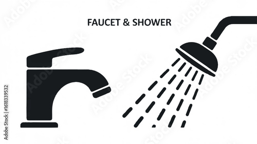 Minimalist black and white icon set featuring a faucet and shower head