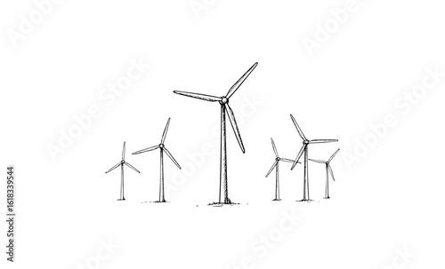 Wind turbine sketch: minimalist black and white illustration of sustainable energy structures. Vector retro hand drawn illustration