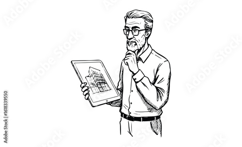 Mature caucasian male architect reviewing building design on tablet. Vector retro hand drawn illustration