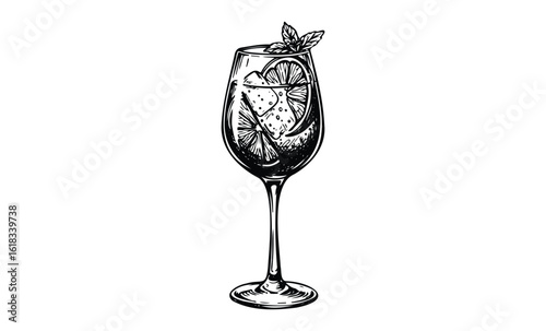 Vintage illustration of a citrus-infused cocktail in a wine glass. Vector retro hand drawn illustration