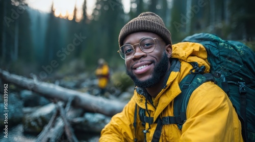 A cheerful man wearing rugged outdoor gear poses in a wooded area, exemplifying the adventurous spirit of exploration and the connection between humans and nature.