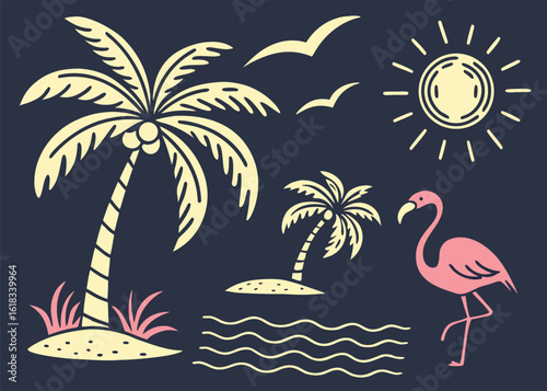 Flat Vector Icons of Tropical Beach Elements with Palm Trees, Flamingos, Sun, and Birds