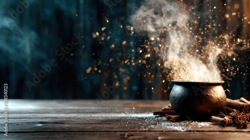 A mystical cauldron emits magical sparks and swirling wisps of dust, hinting at the wonder of alchemy and the enchanting world of fantasy and imagination.