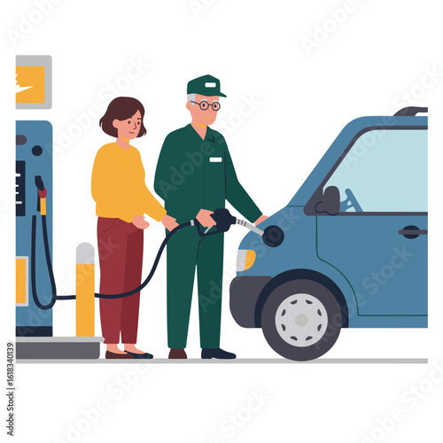 Family on Road Trip Fueling Up Car