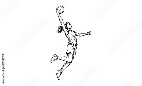 Female asian young adult basketball player jumping with ball in black and white illustration. Vector retro hand drawn illustration